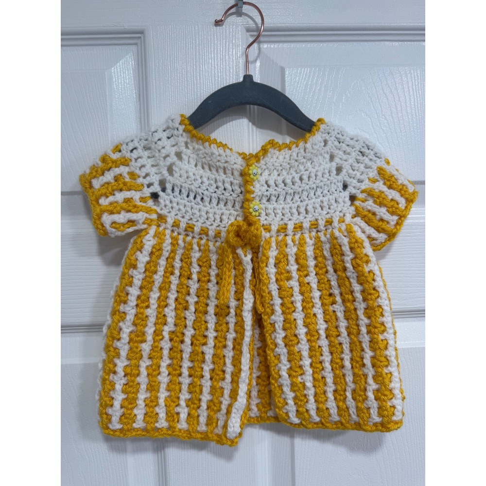 Handmade Crochet Baby Cardigan Yellow White Striped Flower Buttons Bow Kids